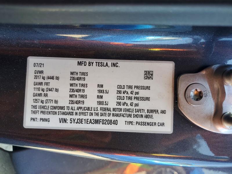 Aukcja sprzedaży 2021 Tesla Model 3, vin: 5YJ3E1EA3MF020840, numer aukcji: 46640476