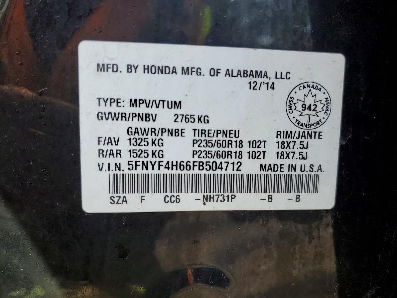 2015 Honda Pilot მანქანა იყიდება აუქციონზე, vin: 5FNYF4H66FB504712, აუქციონის ნომერი: 46375096