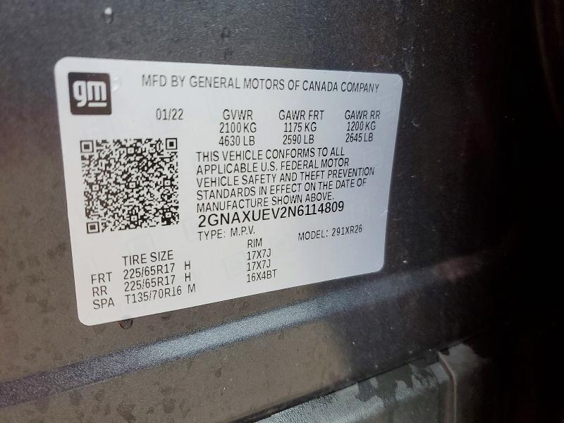 45808016 :رقم المزاد ، 2GNAXUEV2N6114809 vin ، 2022 Chevrolet Equinox مزاد بيع