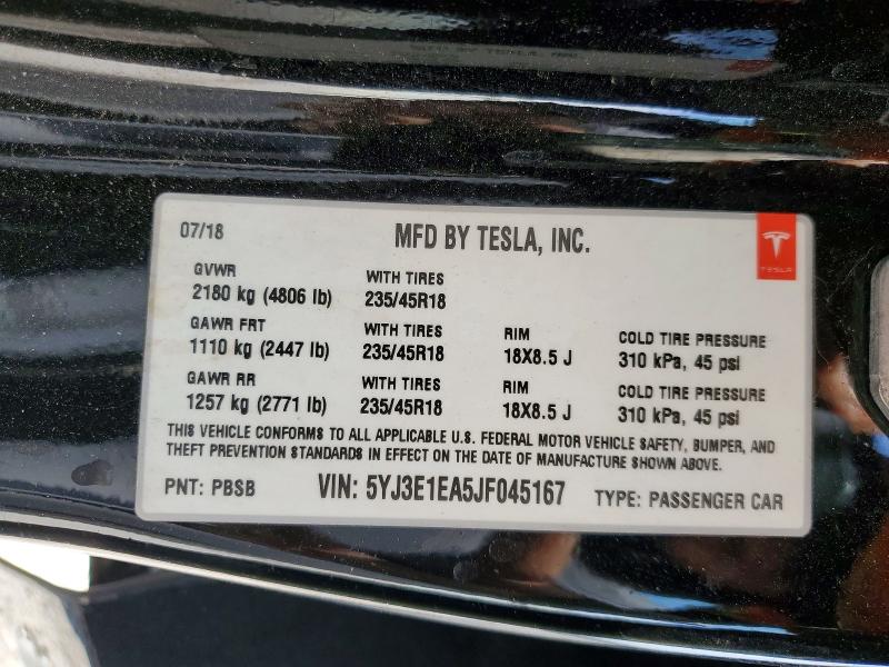 45665346 :رقم المزاد ، 5YJ3E1EA5JF045167 vin ، 2018 Tesla Model 3 مزاد بيع