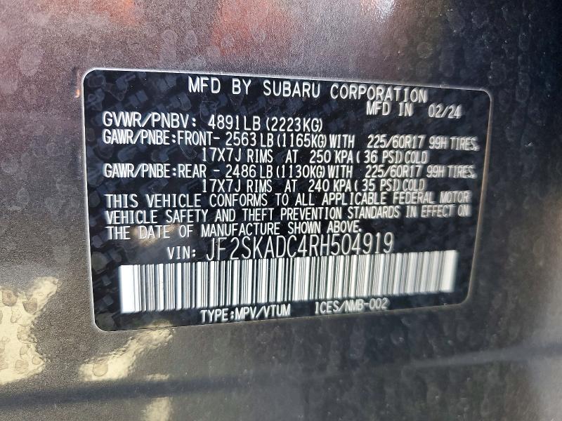 Продаж на аукціоні авто 2024 Subaru Forester, vin: JF2SKADC4RH504919, номер лоту: 46396806