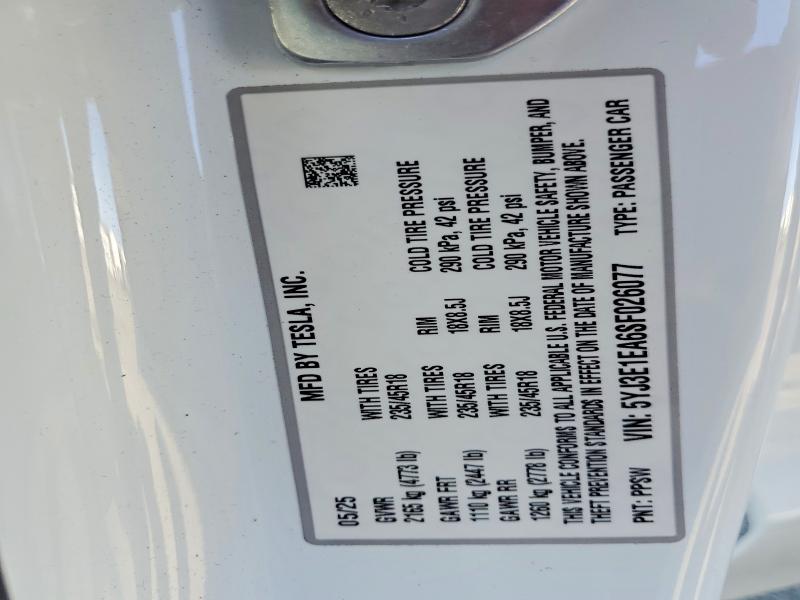 2025 Tesla Model 3 მანქანა იყიდება აუქციონზე, vin: 5YJ3E1EA6SF026077, აუქციონის ნომერი: 45625826