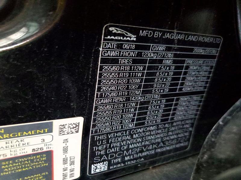 Продаж на аукціоні авто 2019 Jaguar F-pace, vin: SADCM2FV4KA356727, номер лоту: 41847046