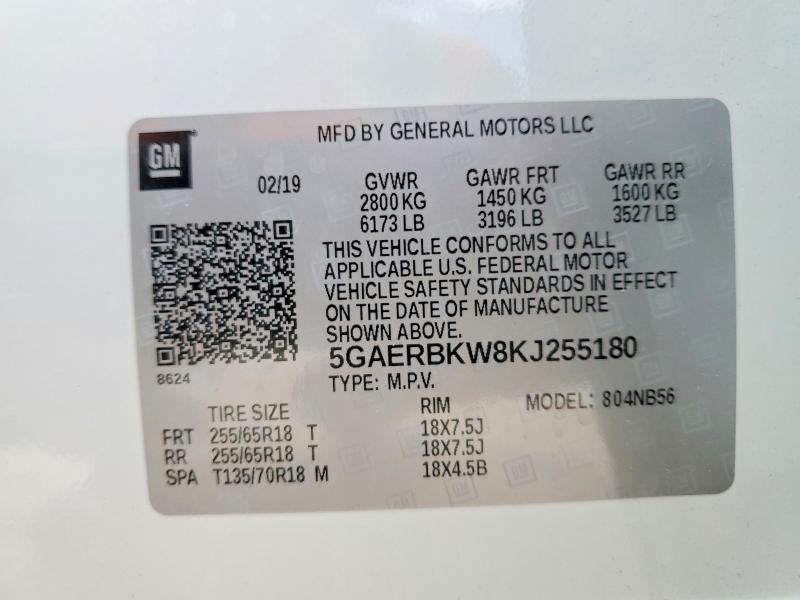46888846 :رقم المزاد ، 5GAERBKW8KJ255180 vin ، 2019 Buick Enclave مزاد بيع