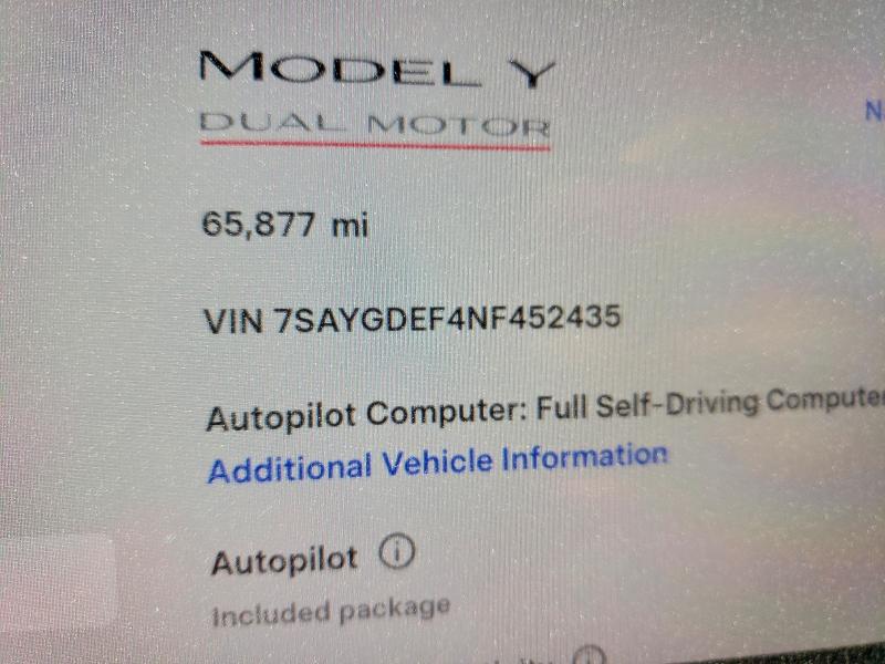 47740056 :رقم المزاد ، 7SAYGDEF4NF452435 vin ، 2022 Tesla Model Y مزاد بيع