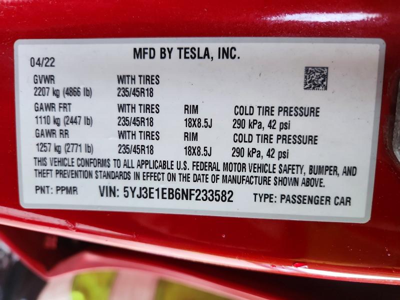 2022 Tesla Model 3 მანქანა იყიდება აუქციონზე, vin: 5YJ3E1EB6NF233582, აუქციონის ნომერი: 47971306