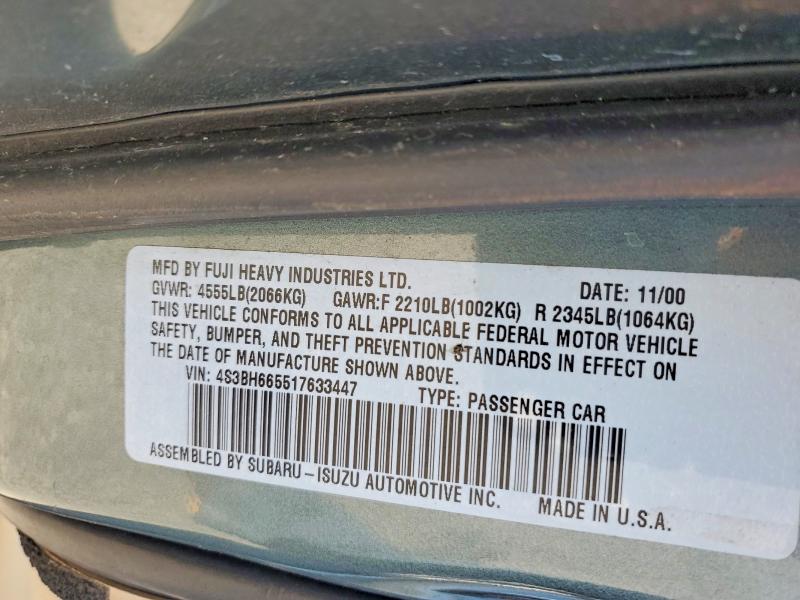 2001 Subaru Legacy მანქანა იყიდება აუქციონზე, vin: 4S3BH665517633447, აუქციონის ნომერი: 47696946
