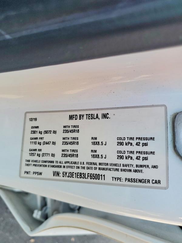 Aukcja sprzedaży 2020 Tesla Model 3, vin: 5YJ3E1EB3LF650011, numer aukcji: 47416326