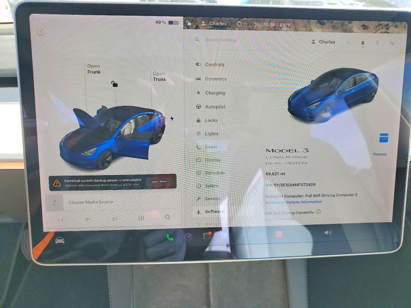 2021 Tesla Model 3 მანქანა იყიდება აუქციონზე, vin: 5YJ3E1EB4MF073409, აუქციონის ნომერი: 46486856