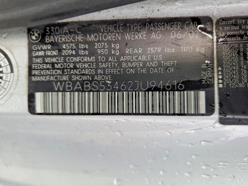 2002 Bmw 330 მანქანა იყიდება აუქციონზე, vin: WBABS53462JU94616, აუქციონის ნომერი: 45788406