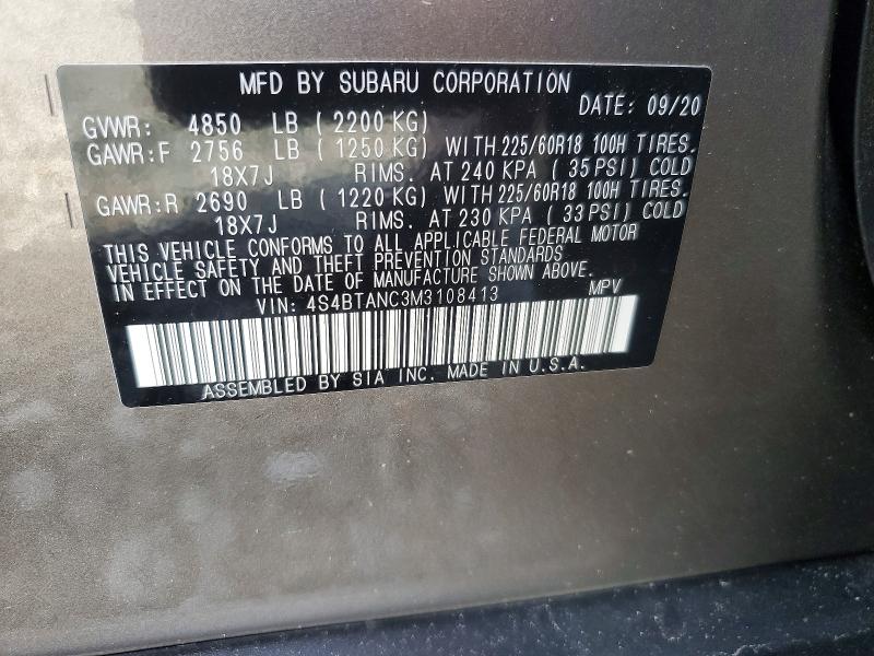 79934955 :رقم المزاد ، 4S4BTANC3M3108413 vin ، 2021 Subaru Outback مزاد بيع