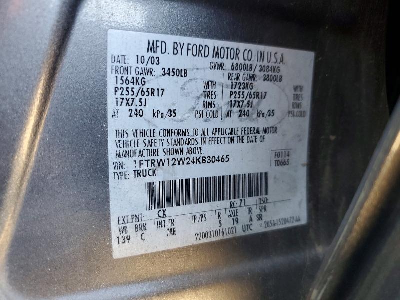 46335226 :رقم المزاد ، 1FTRW12W24KB30465 vin ، 2004 Ford F150 مزاد بيع
