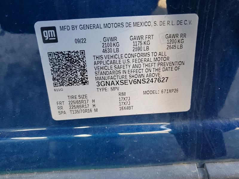 47801816 :رقم المزاد ، 3GNAXSEV6NS247627 vin ، 2022 Chevrolet Equinox مزاد بيع
