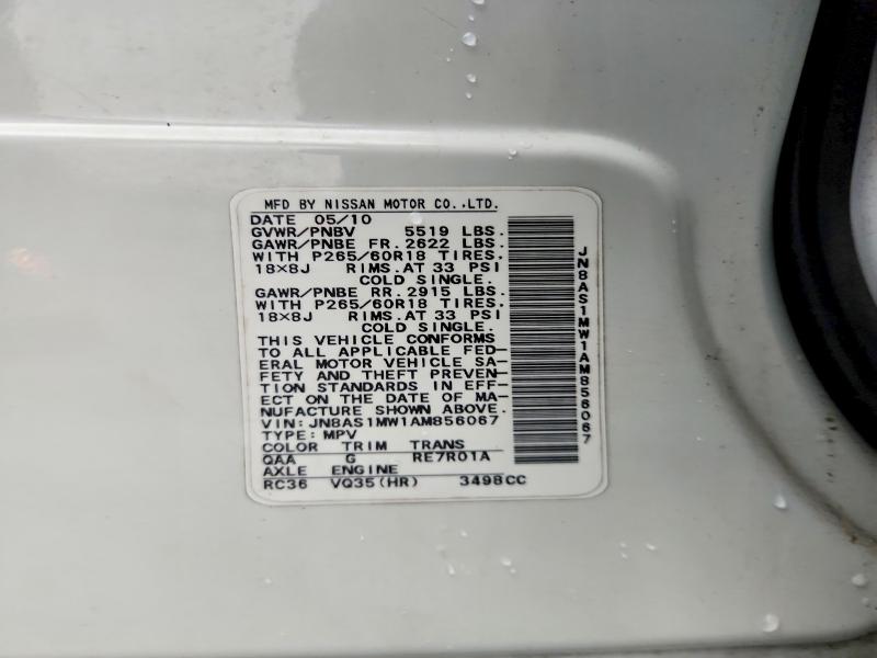 45564846 :رقم المزاد ، JN8AS1MW1AM856067 vin ، 2010 Infiniti Fx35 مزاد بيع