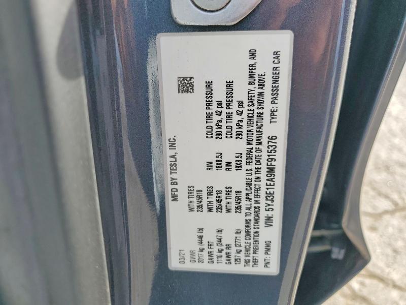2021 Tesla Model 3 მანქანა იყიდება აუქციონზე, vin: 5YJ3E1EA9MF915376, აუქციონის ნომერი: 45622116