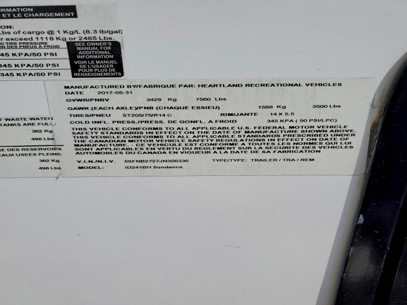 47748176 :رقم المزاد ، 5SFNB2727JN356336 vin ، 2018 Heartland Rv's Recreational Vehicle (rv) مزاد بيع
