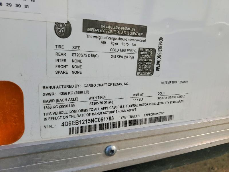 Продажа на аукционе авто 2022 Cargo Craft Trailers, vin: 4D6EB1215NC061788, номер лота: 45816216