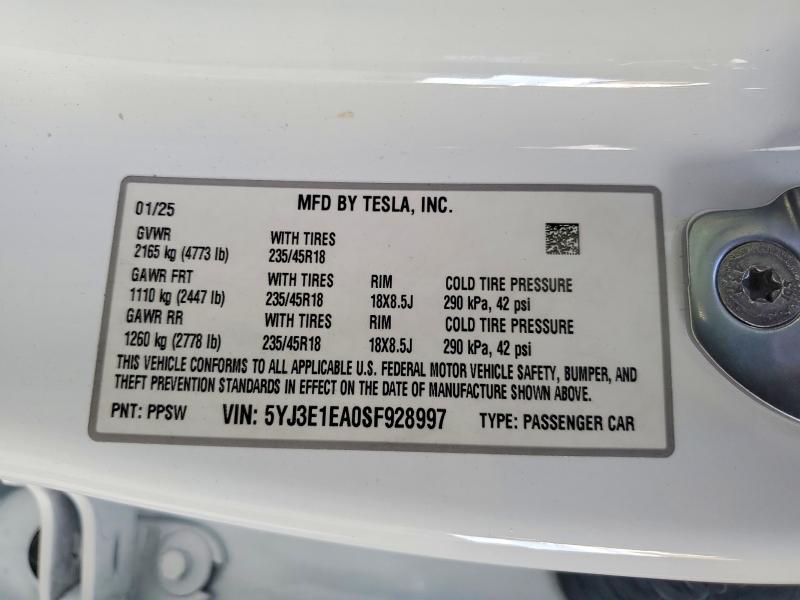 2025 Tesla Model 3 მანქანა იყიდება აუქციონზე, vin: 5YJ3E1EA0SF928997, აუქციონის ნომერი: 79758825