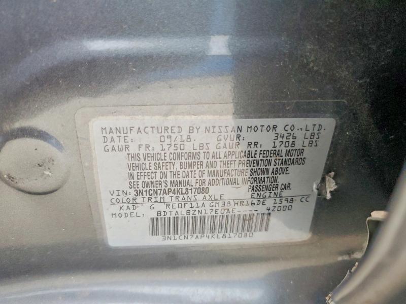 Aukcja sprzedaży 2019 Nissan Versa, vin: 3N1CN7AP4KL817080, numer aukcji: 45742726