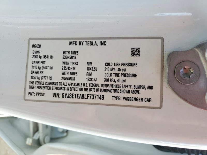 79671955 :رقم المزاد ، 5YJ3E1EA8LF737149 vin ، 2020 Tesla Model 3 مزاد بيع