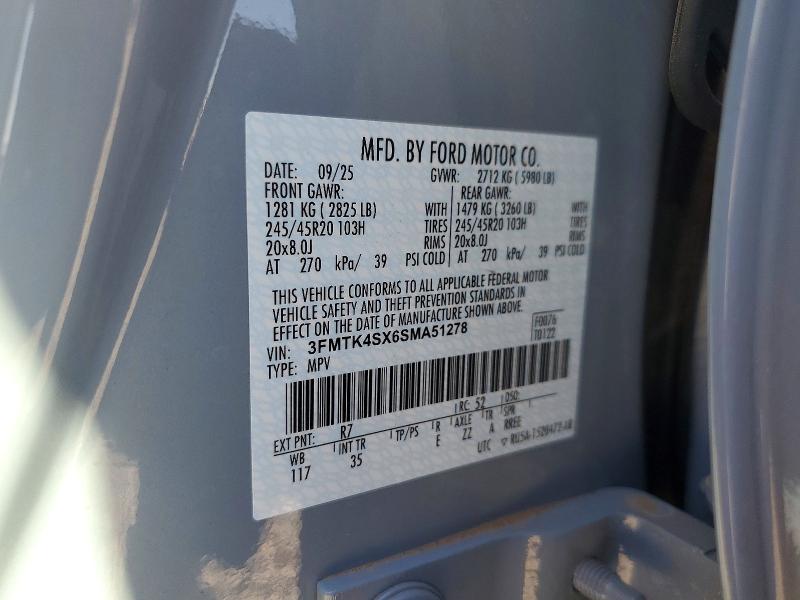 2025 Ford Mustang Mach-e მანქანა იყიდება აუქციონზე, vin: 3FMTK4SX6SMA51278, აუქციონის ნომერი: 79123285