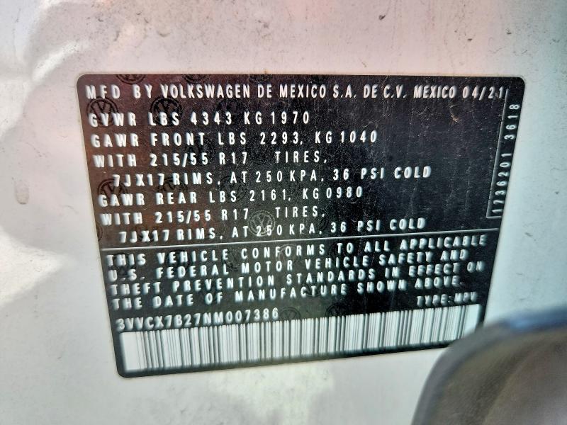 46551376 :رقم المزاد ، 3VVCX7B27NM007386 vin ، 2022 Volkswagen Taos مزاد بيع