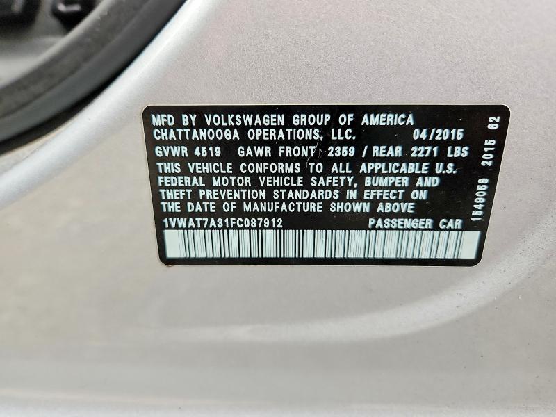47422286 :رقم المزاد ، 1VWAT7A31FC087912 vin ، 2015 Volkswagen Passat مزاد بيع