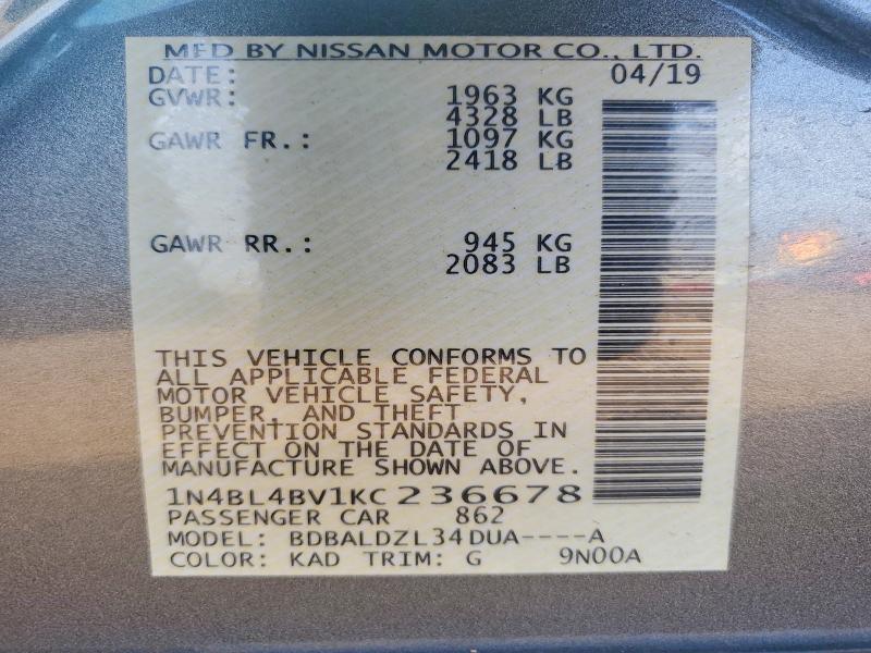 Auction sale of the 2019 Nissan Altima, vin: 1N4BL4BV1KC236678, lot number: 78506805