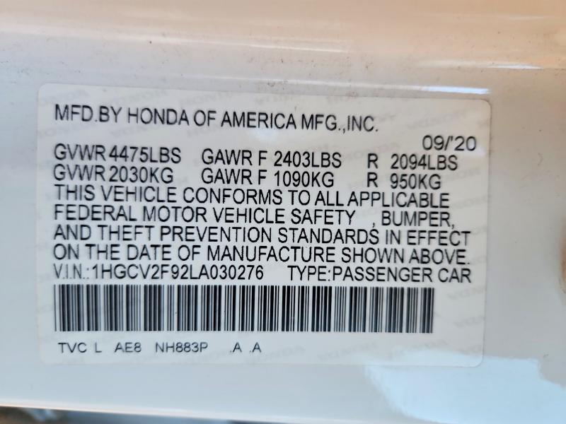 Aukcja sprzedaży 2020 Honda Accord, vin: 1HGCV2F92LA030276, numer aukcji: 46186646