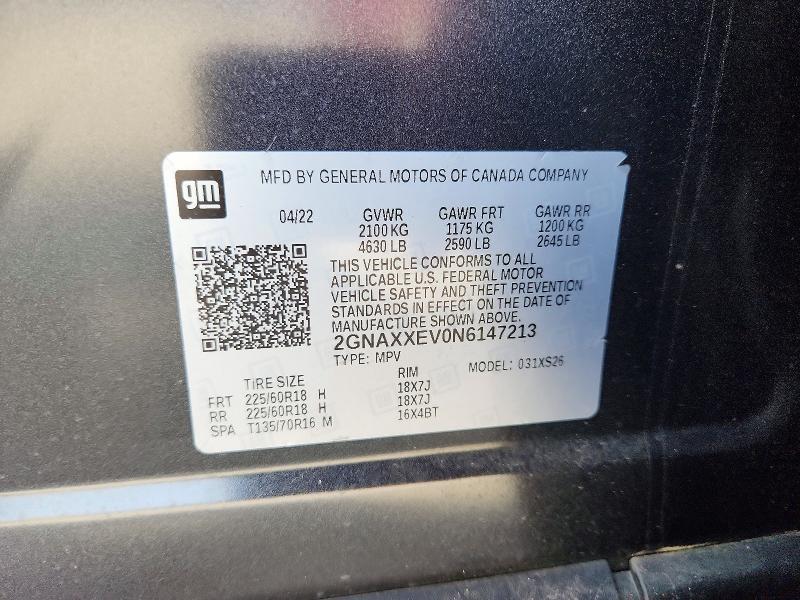 Aukcja sprzedaży 2022 Chevrolet Equinox, vin: 2GNAXXEV0N6147213, numer aukcji: 47793686