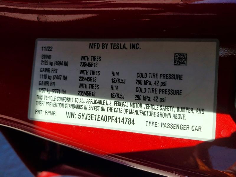 Продажа на аукционе авто 2023 Tesla Model 3, vin: 5YJ3E1EA0PF414784, номер лота: 46300416