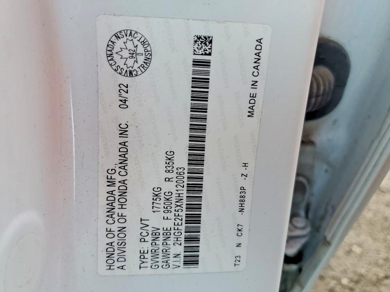 78265465 :رقم المزاد ، 2HGFE2F5XNH120063 vin ، 2022 Honda Civic مزاد بيع