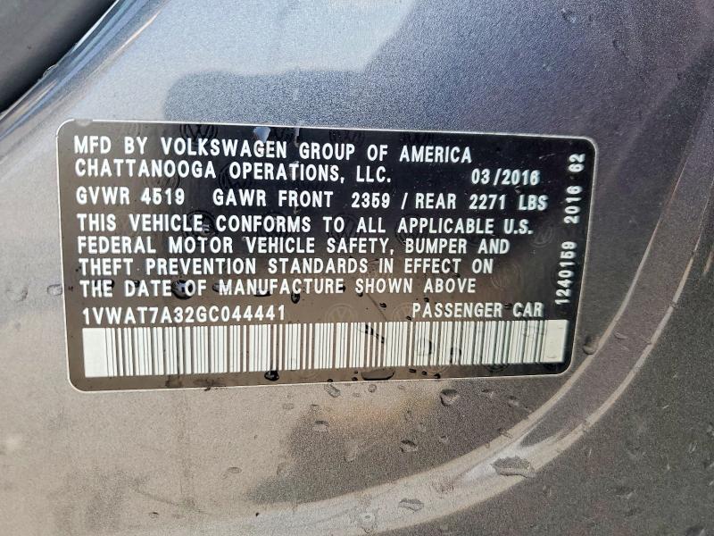 47013836 :رقم المزاد ، 1VWAT7A32GC044441 vin ، 2016 Volkswagen Passat مزاد بيع