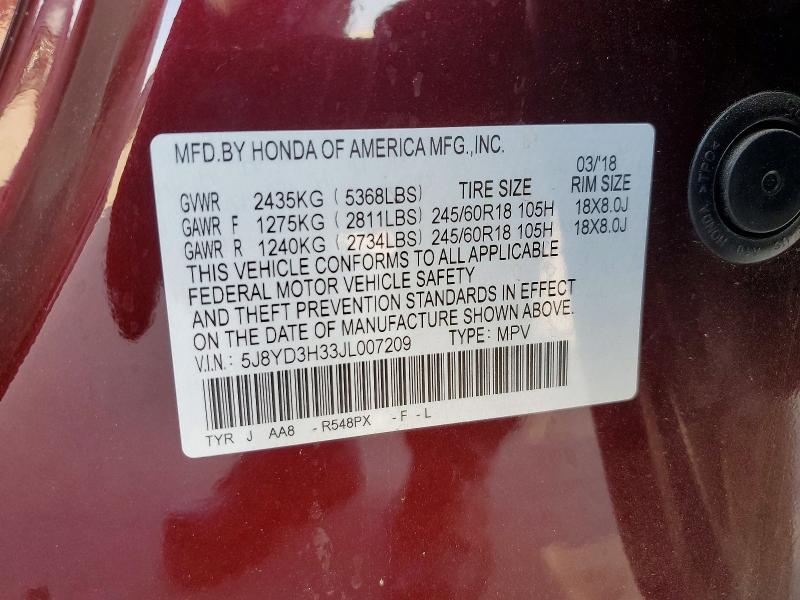 79544215 :رقم المزاد ، 5J8YD3H33JL007209 vin ، 2018 Acura Mdx مزاد بيع