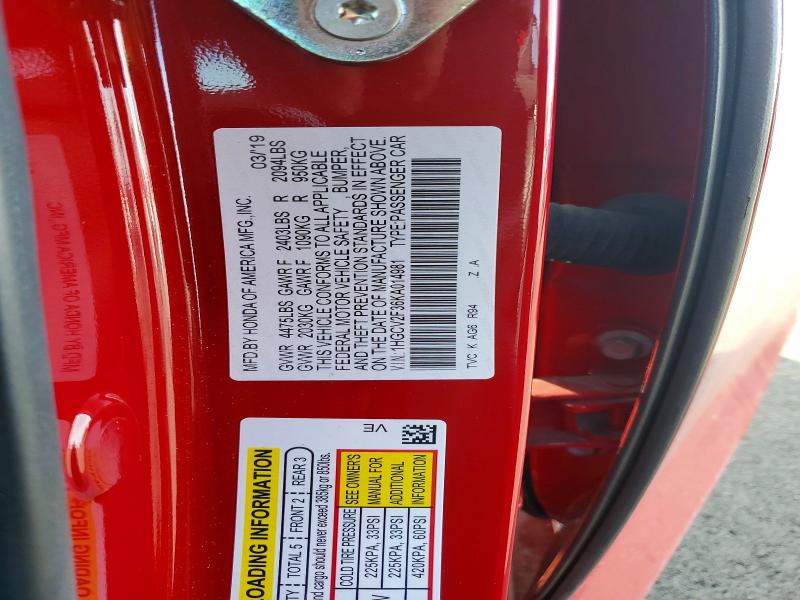 Продаж на аукціоні авто 2019 Honda Accord, vin: 1HGCV2F36KA014981, номер лоту: 45666016