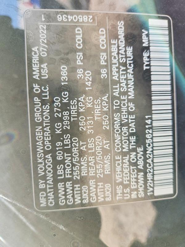 Продажа на аукционе авто 2022 Volkswagen Atlas, vin: 1V2HR2CA2NC562141, номер лота: 47105266