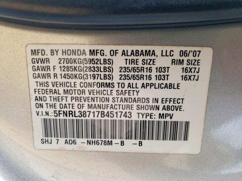 Aukcja sprzedaży 2007 Honda Odyssey, vin: 5FNRL38717B451743, numer aukcji: 46742866