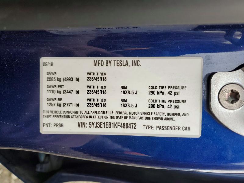 2019 Tesla Model 3 მანქანა იყიდება აუქციონზე, vin: 5YJ3E1EB1KF480472, აუქციონის ნომერი: 78735385