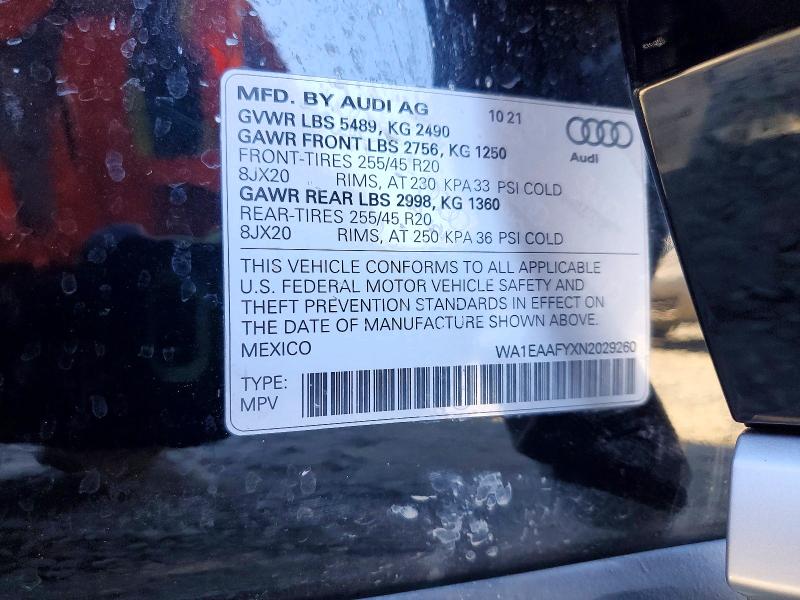 2022 Audi Q5 მანქანა იყიდება აუქციონზე, vin: WA1EAAFYXN2029260, აუქციონის ნომერი: 46627296
