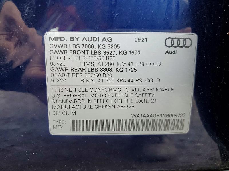 46537936 :رقم المزاد ، WA1AAAGE9NB009732 vin ، 2022 Audi E-tron مزاد بيع