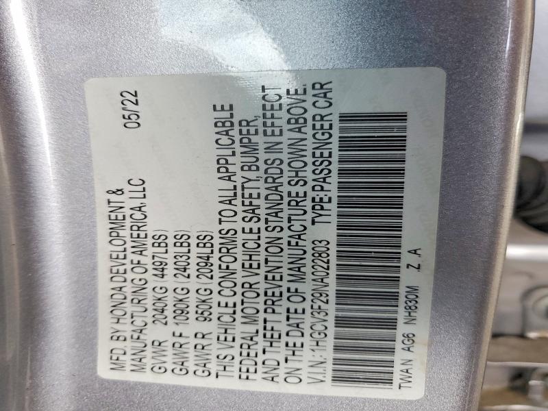 Auction sale of the 2022 Honda Accord, vin: 1HGCV3F29NA022803, lot number: 78486725