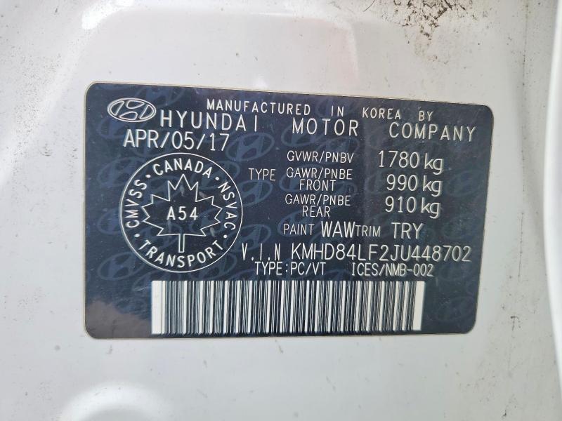41750746 :رقم المزاد ، KMHD84LF2JU448702 vin ، 2018 Hyundai Elantra مزاد بيع