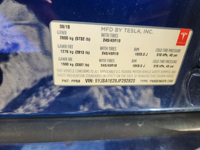 2018 Tesla Model S მანქანა იყიდება აუქციონზე, vin: 5YJSA1E28JF282820, აუქციონის ნომერი: 45825116