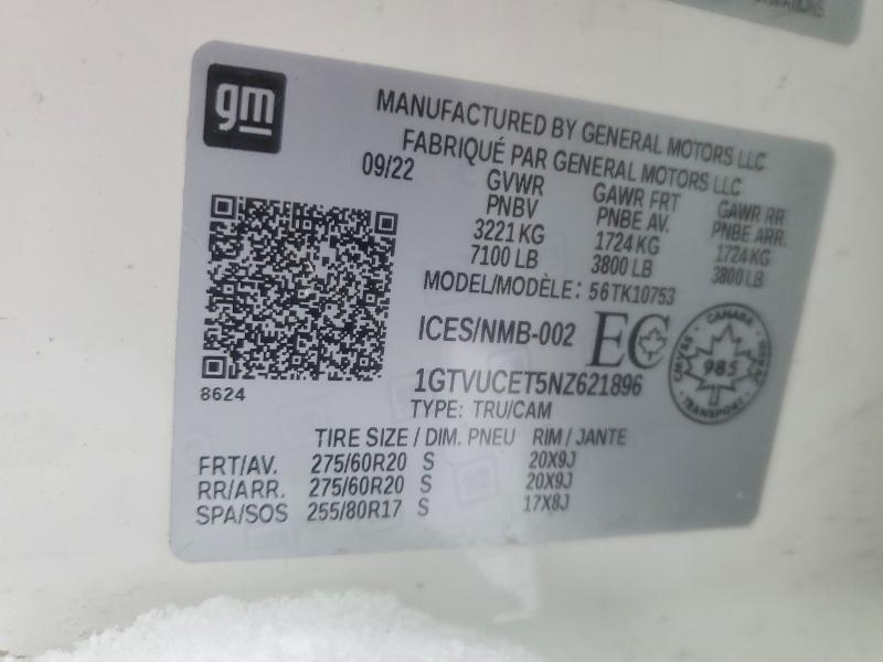 Продаж на аукціоні авто 2022 Gmc Sierra, vin: 1GTVUCET5NZ621896, номер лоту: 46610296