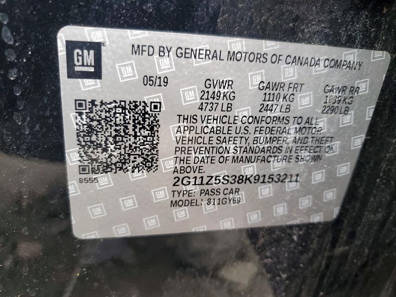 79196185 :رقم المزاد ، 2G11Z5S38K9153211 vin ، 2019 Chevrolet Impala مزاد بيع