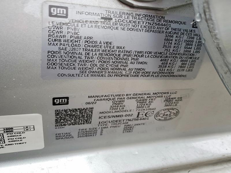 2022 Chevrolet Silverado მანქანა იყიდება აუქციონზე, vin: 1GCUDEET7NZ564401, აუქციონის ნომერი: 78693065