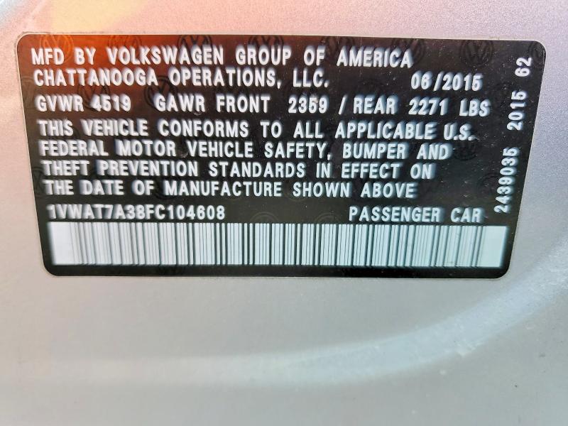 47932956 :رقم المزاد ، 1VWAT7A38FC104608 vin ، 2015 Volkswagen Passat مزاد بيع