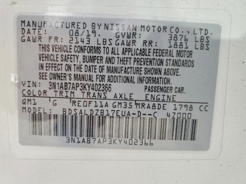 47283066 :رقم المزاد ، 3N1AB7AP3KY402366 vin ، 2019 Nissan Sentra مزاد بيع