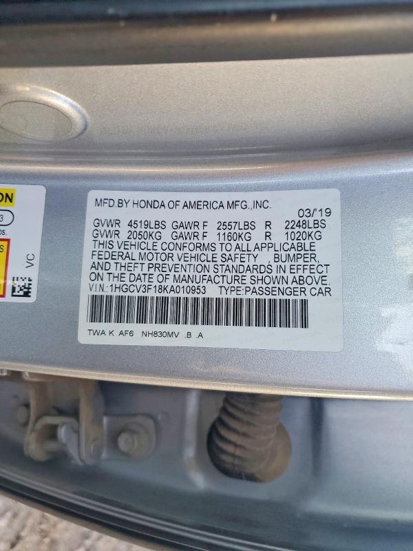 Aukcja sprzedaży 2019 Honda Accord, vin: 1HGCV3F18KA010953, numer aukcji: 45499516