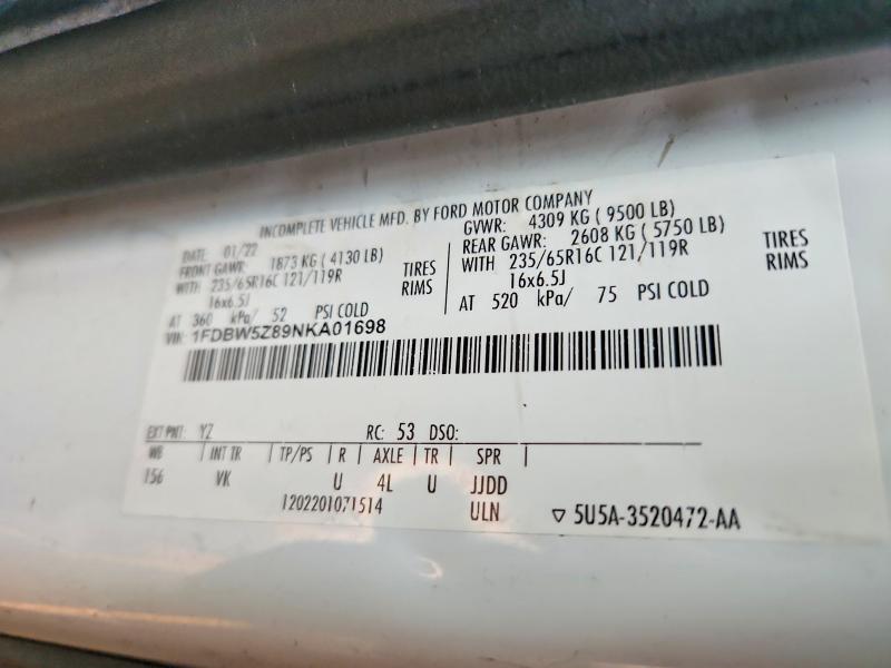 2022 Ford Transit მანქანა იყიდება აუქციონზე, vin: 1FDBW5Z89NKA01698, აუქციონის ნომერი: 46949266
